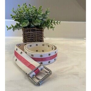 Womens Belt Cream Colored Woven with a Pink Stripe down center 36 inches long